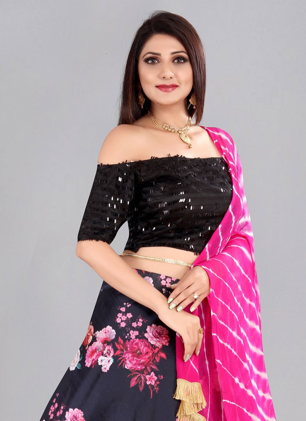 A Line Lehenga Banglori Silk Black Floral Patch Lehenga Choli