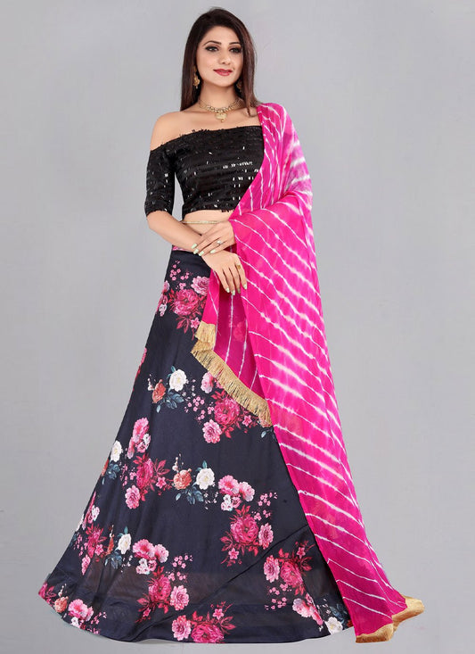 A Line Lehenga Banglori Silk Black Floral Patch Lehenga Choli