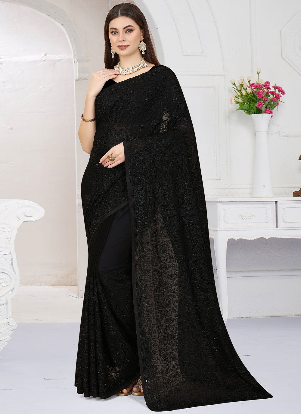 Trendy Saree Georgette Black Embroidered Saree