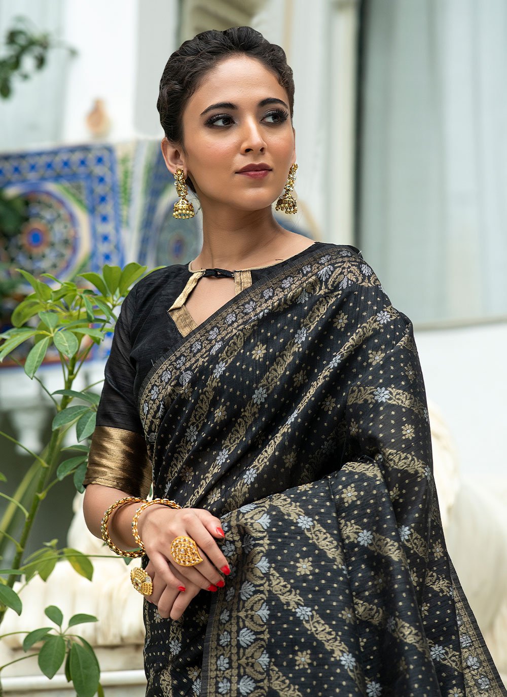 Trendy Saree Tussar Silk Black Woven Saree