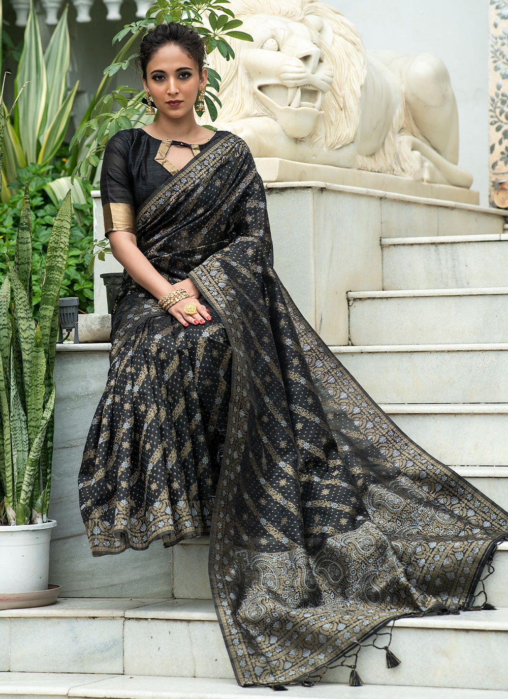 Trendy Saree Tussar Silk Black Woven Saree