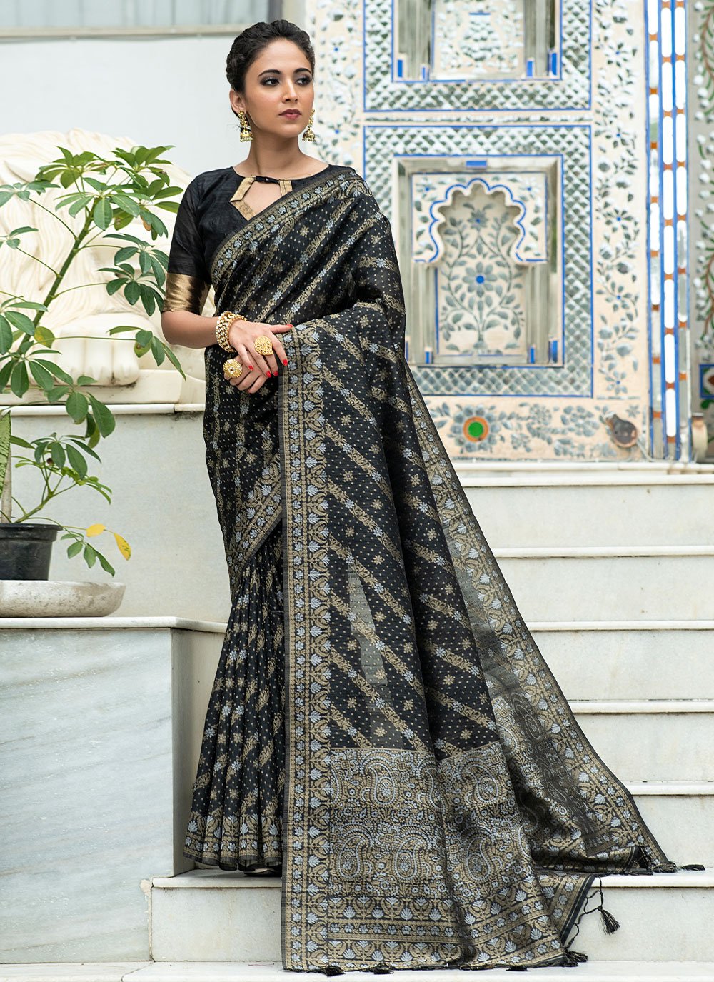 Trendy Saree Tussar Silk Black Woven Saree