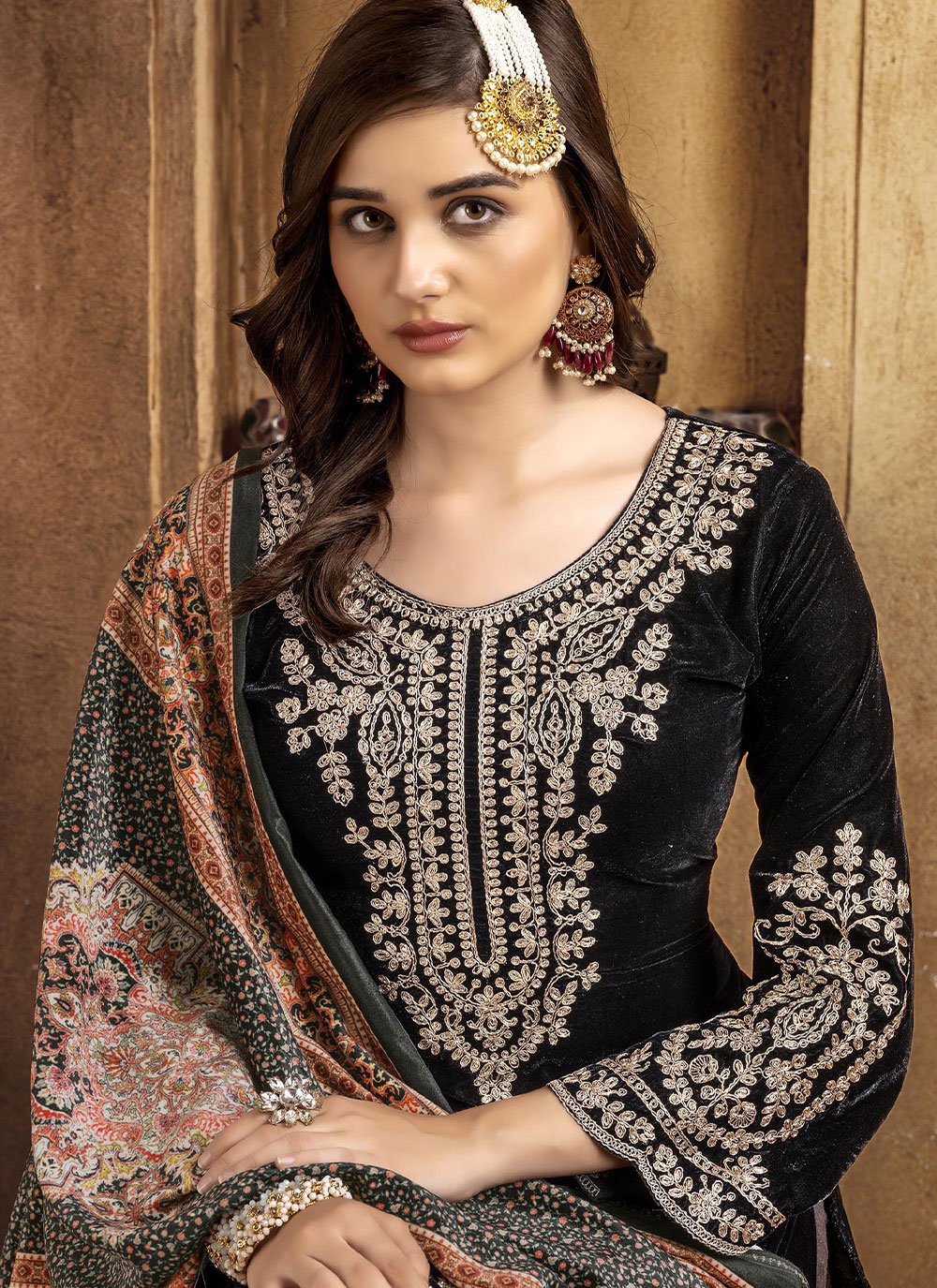 Salwar Suit Velvet Black Embroidered Salwar Kameez