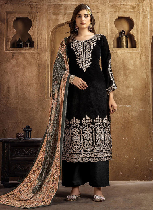 Salwar Suit Velvet Black Embroidered Salwar Kameez