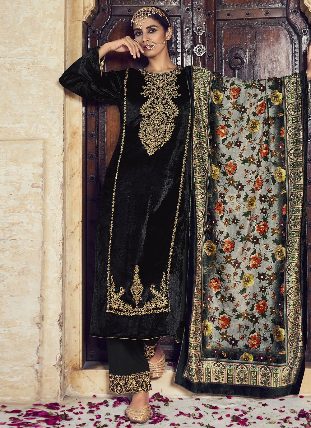 Trendy Suit Velvet Black Embroidered Salwar Kameez