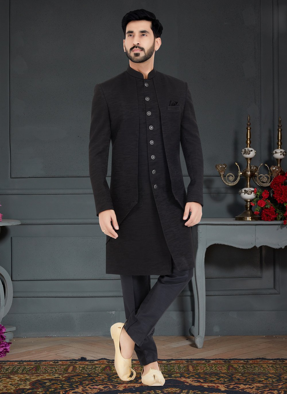Indo Western Fancy Fabric Black Jacquard Work Mens