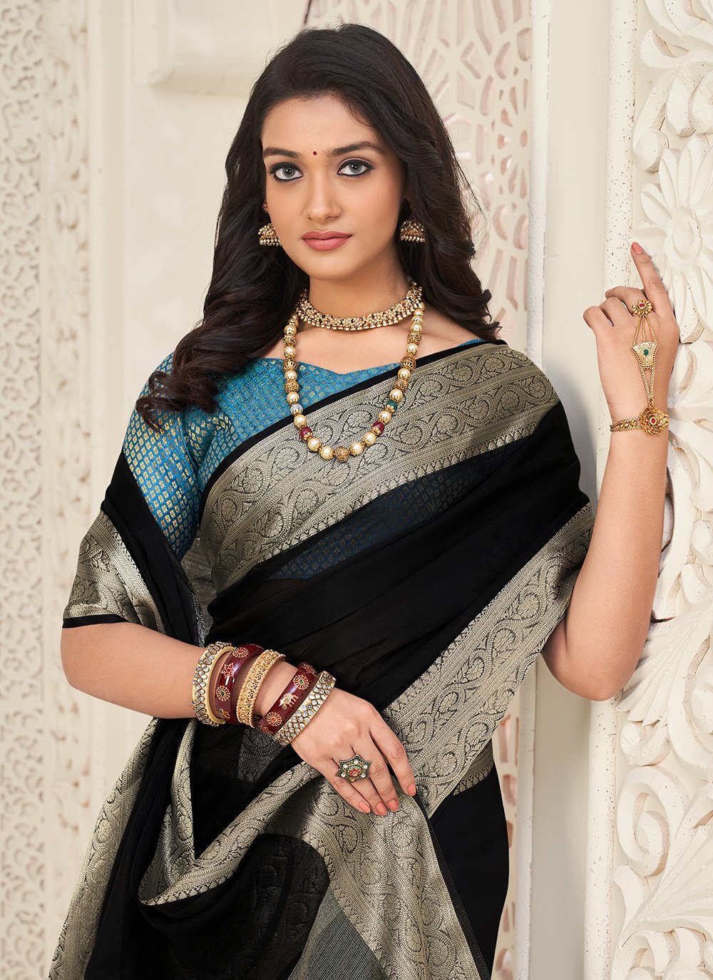 Trendy Saree Organza Black Patch Border Saree