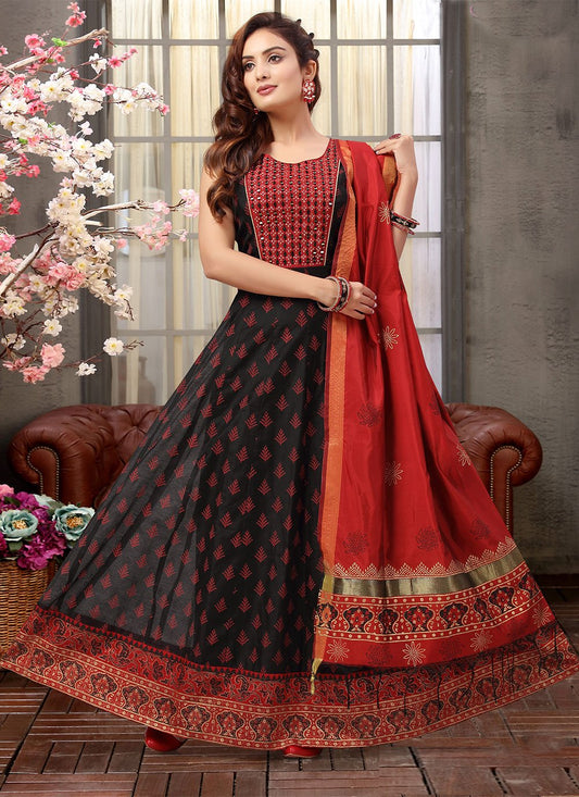 Anarkali Suit Silk Black Embroidered Salwar Kameez