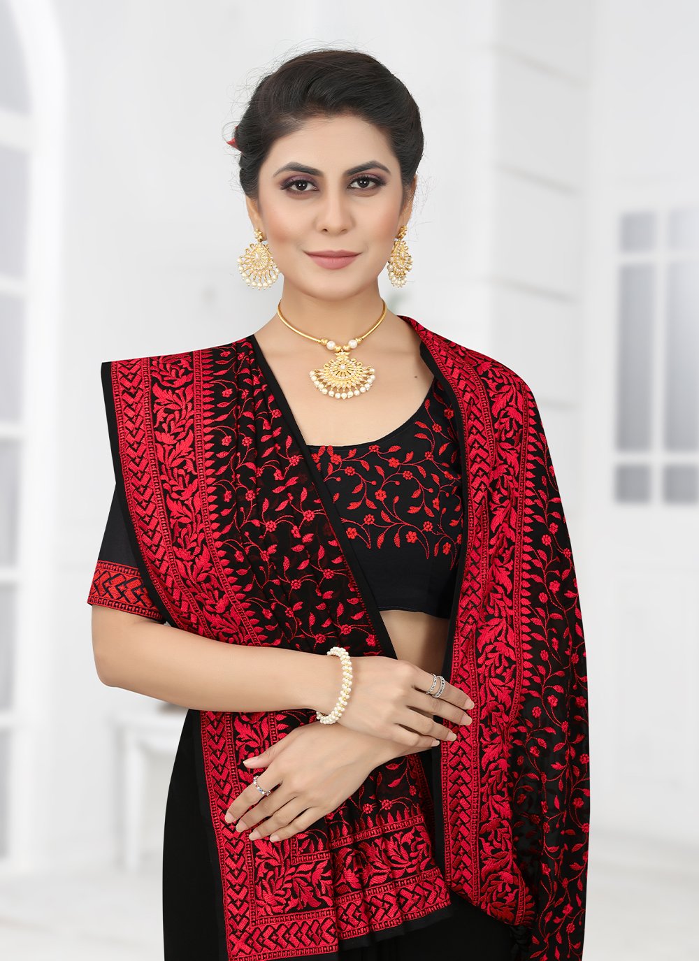 Classic Georgette Black Embroidered Saree