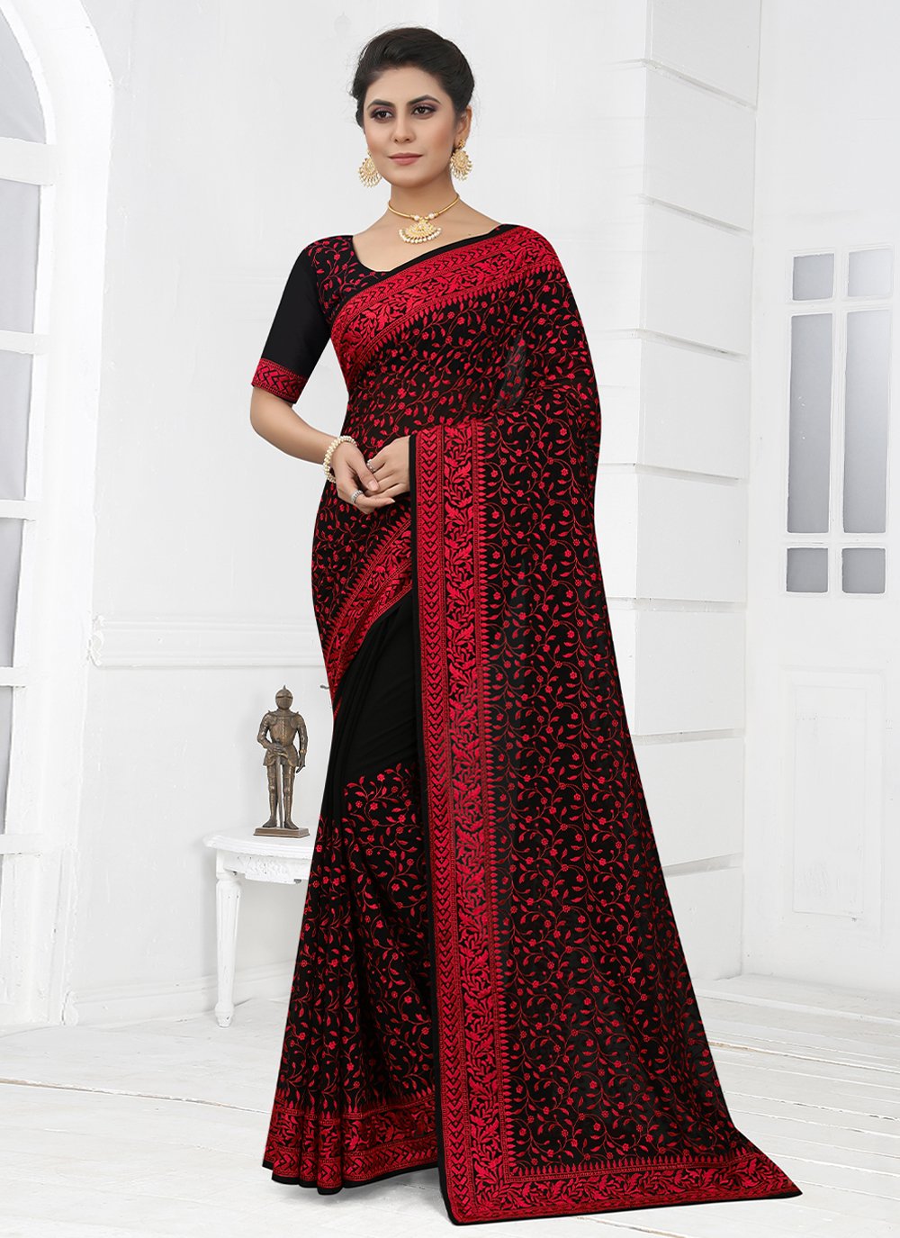 Classic Georgette Black Embroidered Saree