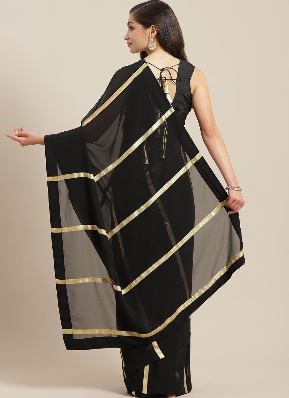 Trendy Saree Georgette Black Strips Print Saree