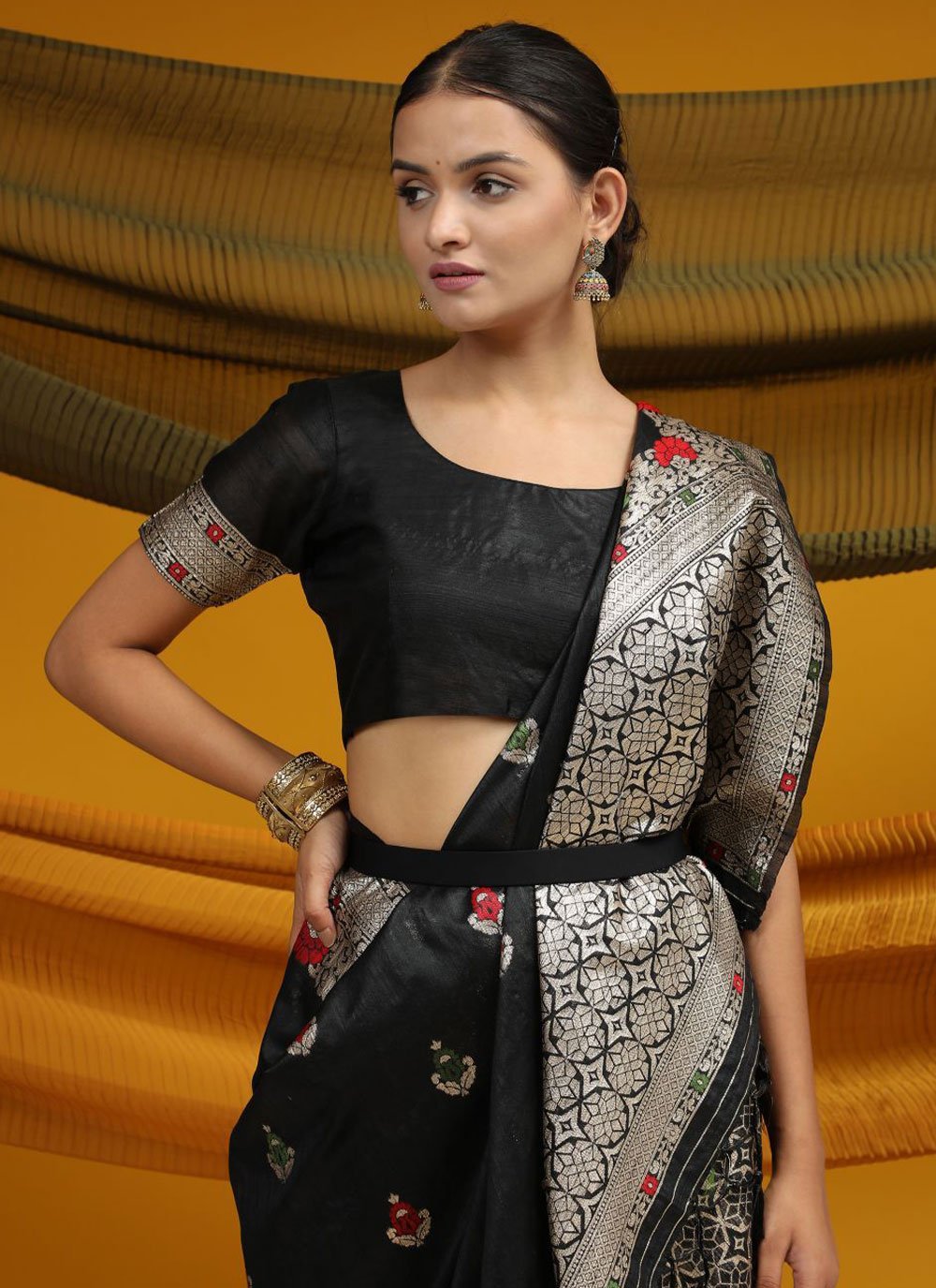 Classic Tussar Silk Black Meena Saree