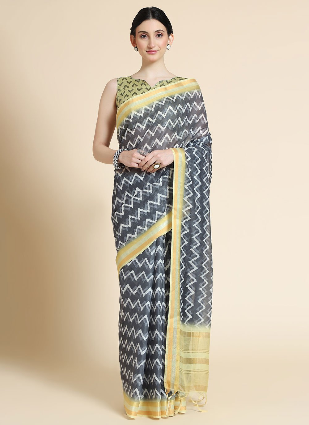 Contemporary Chanderi Cotton Black Digital Print Saree