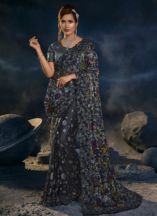 Contemporary Net Black Embroidered Saree