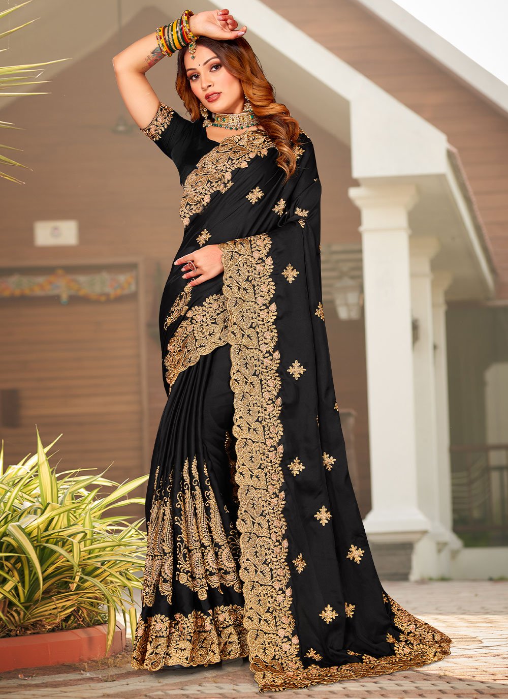 Designer Satin Black Embroidered Saree