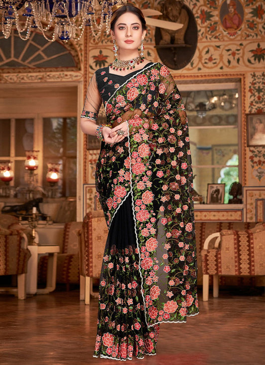 Contemporary Net Black Embroidered Saree