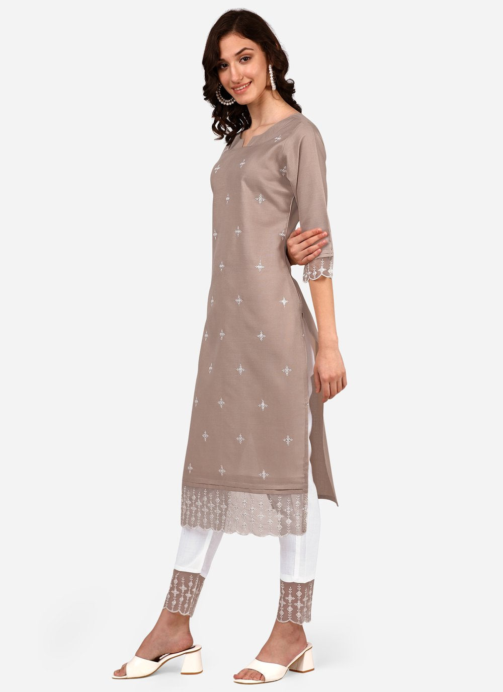 Pant Style Suit Blended Cotton Brown Embroidered Salwar Kameez