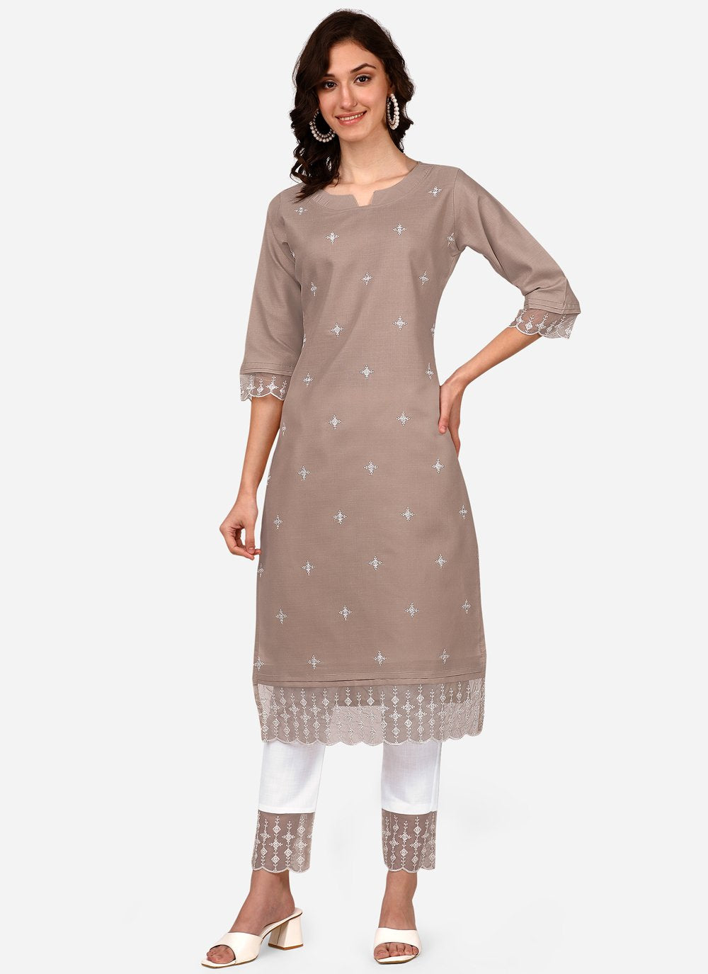 Pant Style Suit Blended Cotton Brown Embroidered Salwar Kameez