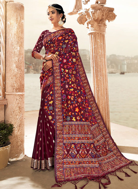 Contemporary Blended Cotton Burgundy Woven Saree
