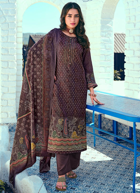 Floor Lenght Salwar Suit Blended Cotton Burgundy Digital Print Salwar Kameez