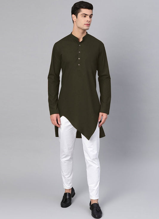 Indo Western Blended Cotton Green Buttons Mens