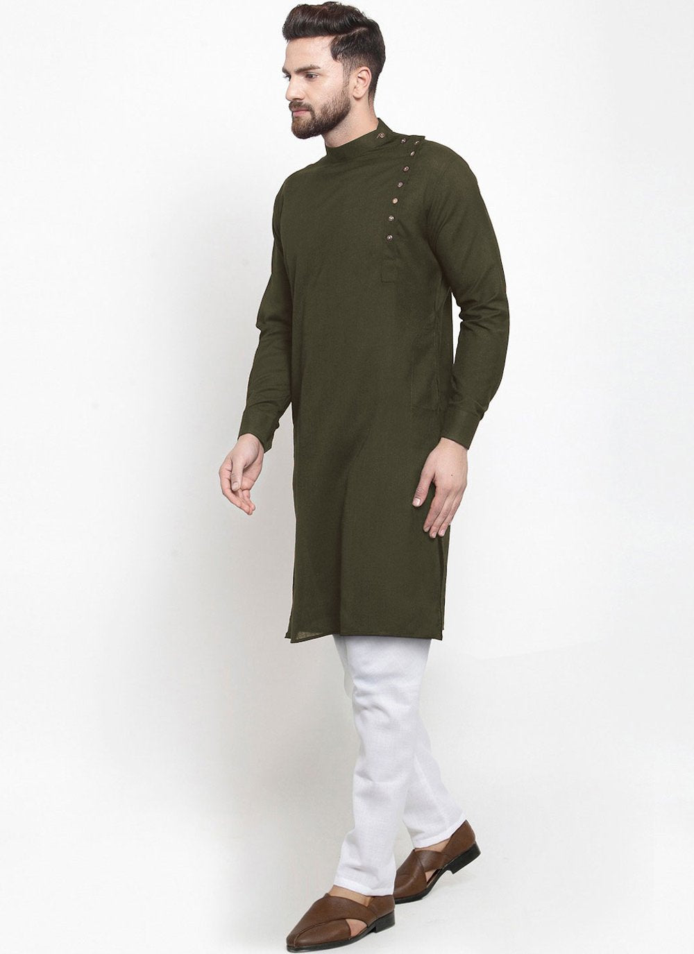 Kurta Pyjama Blended Cotton Green Buttons Mens