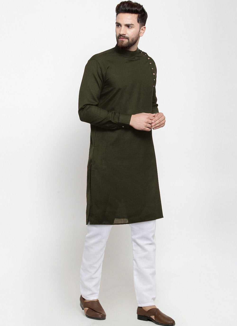 Kurta Pyjama Blended Cotton Green Buttons Mens