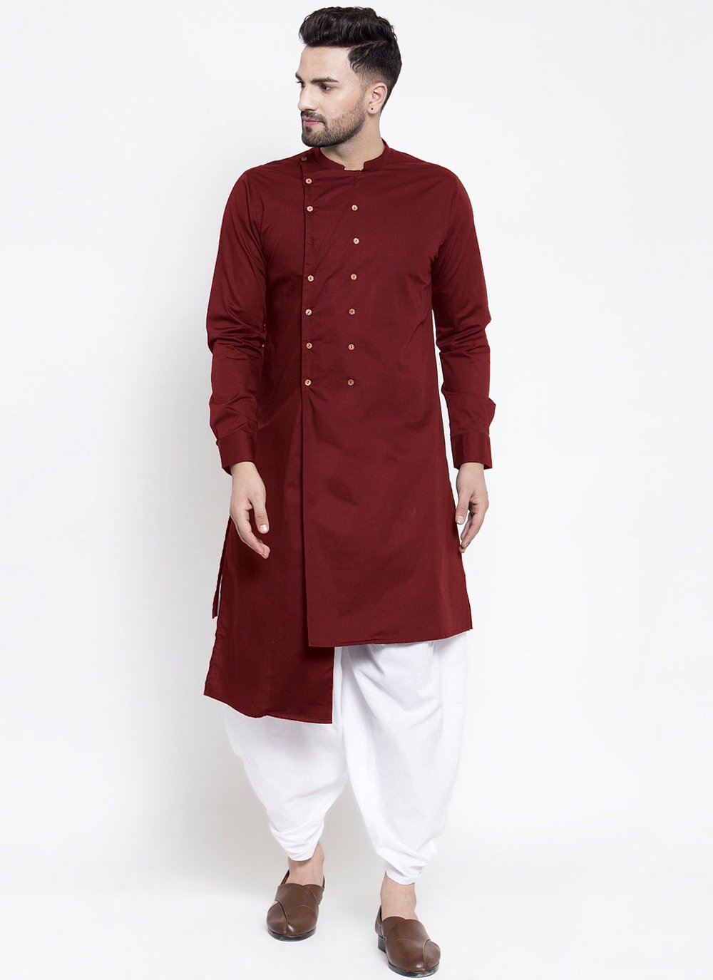 Indo Western Blended Cotton Maroon Buttons Mens