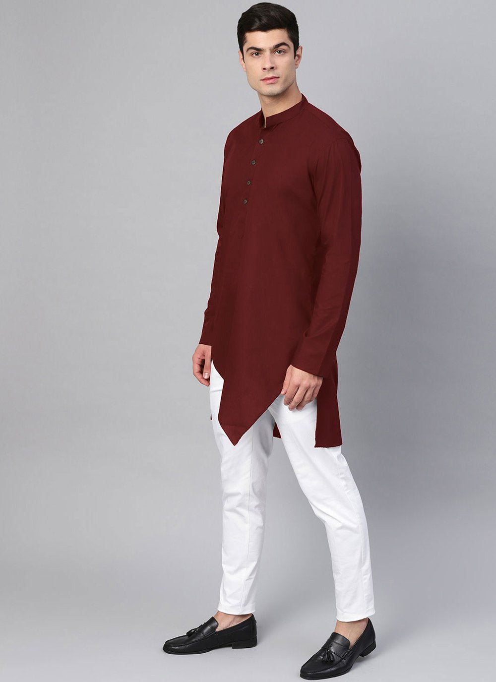 Indo Western Blended Cotton Maroon Buttons Mens