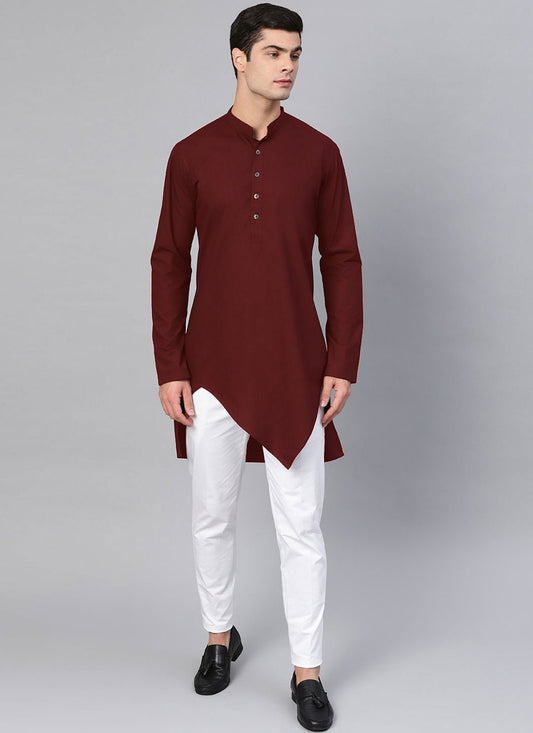 Indo Western Blended Cotton Maroon Buttons Mens