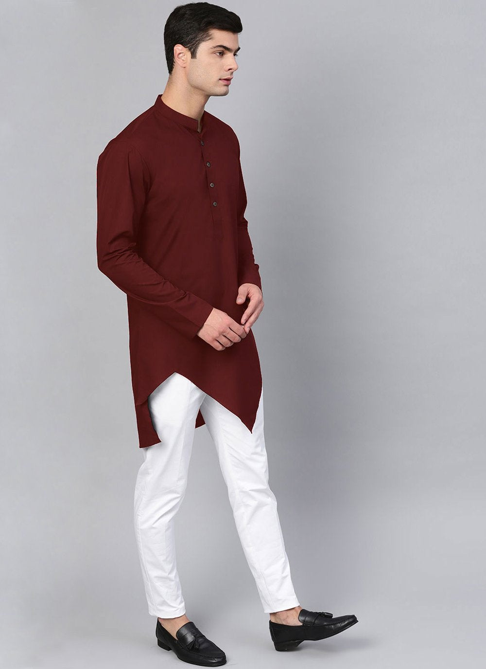 Indo Western Blended Cotton Maroon Buttons Mens