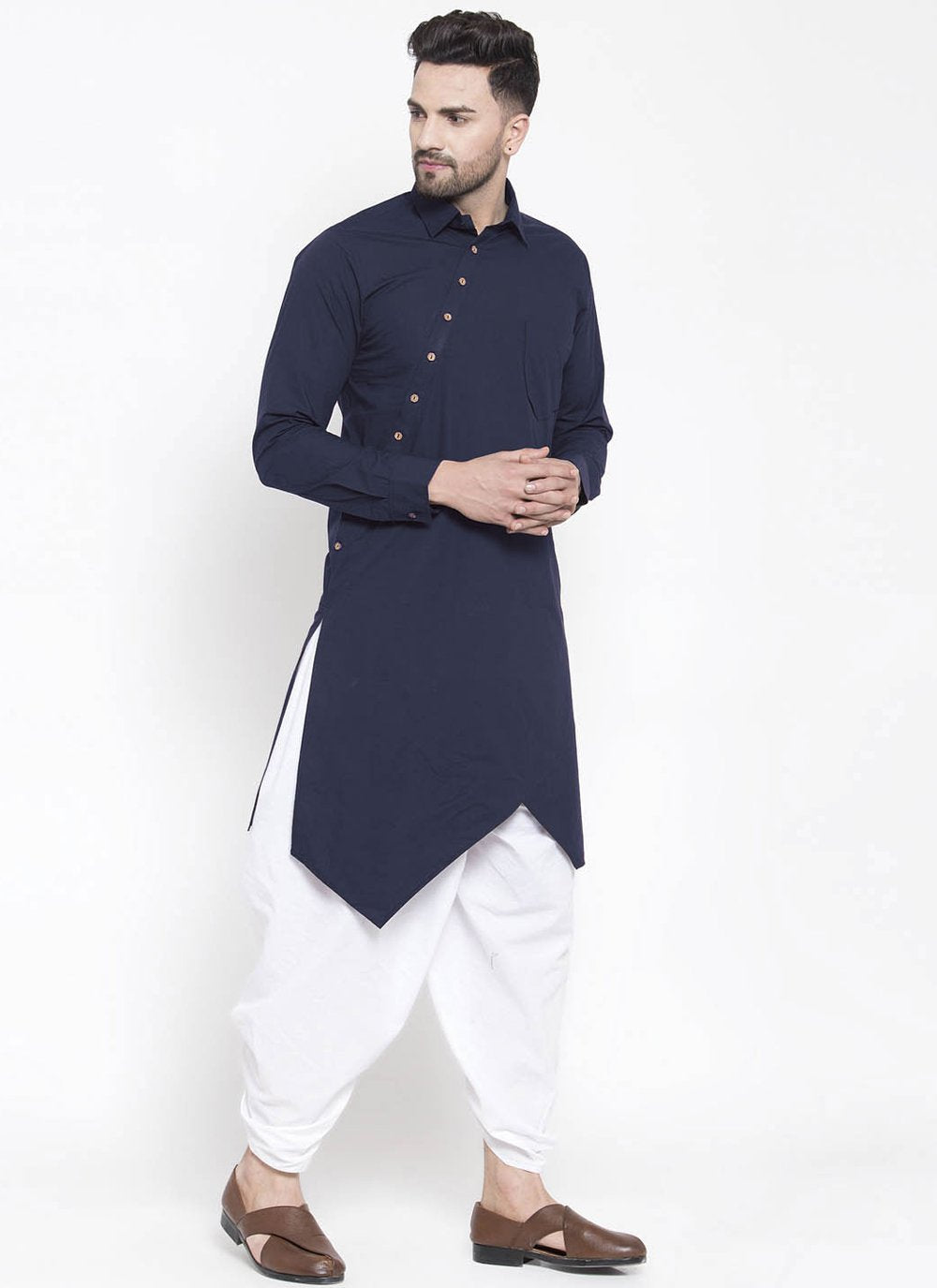 Kurta Blended Cotton Blue Buttons Mens