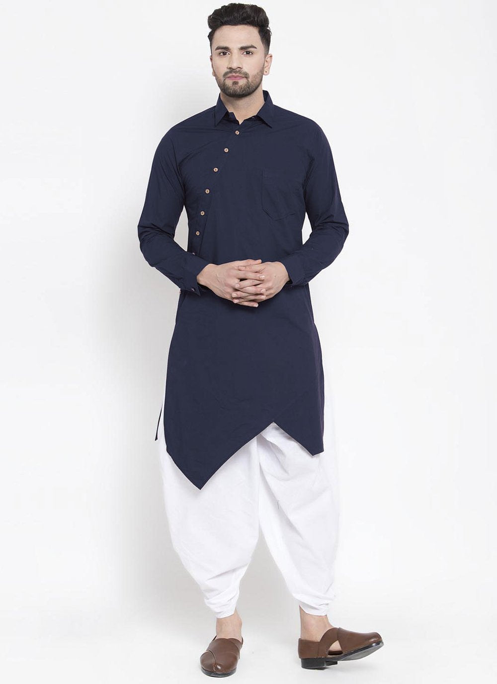 Kurta Blended Cotton Blue Buttons Mens