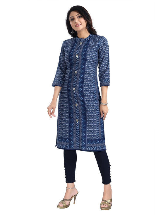 Designer Kurti Blended Cotton Blue Digital Print Kurtis