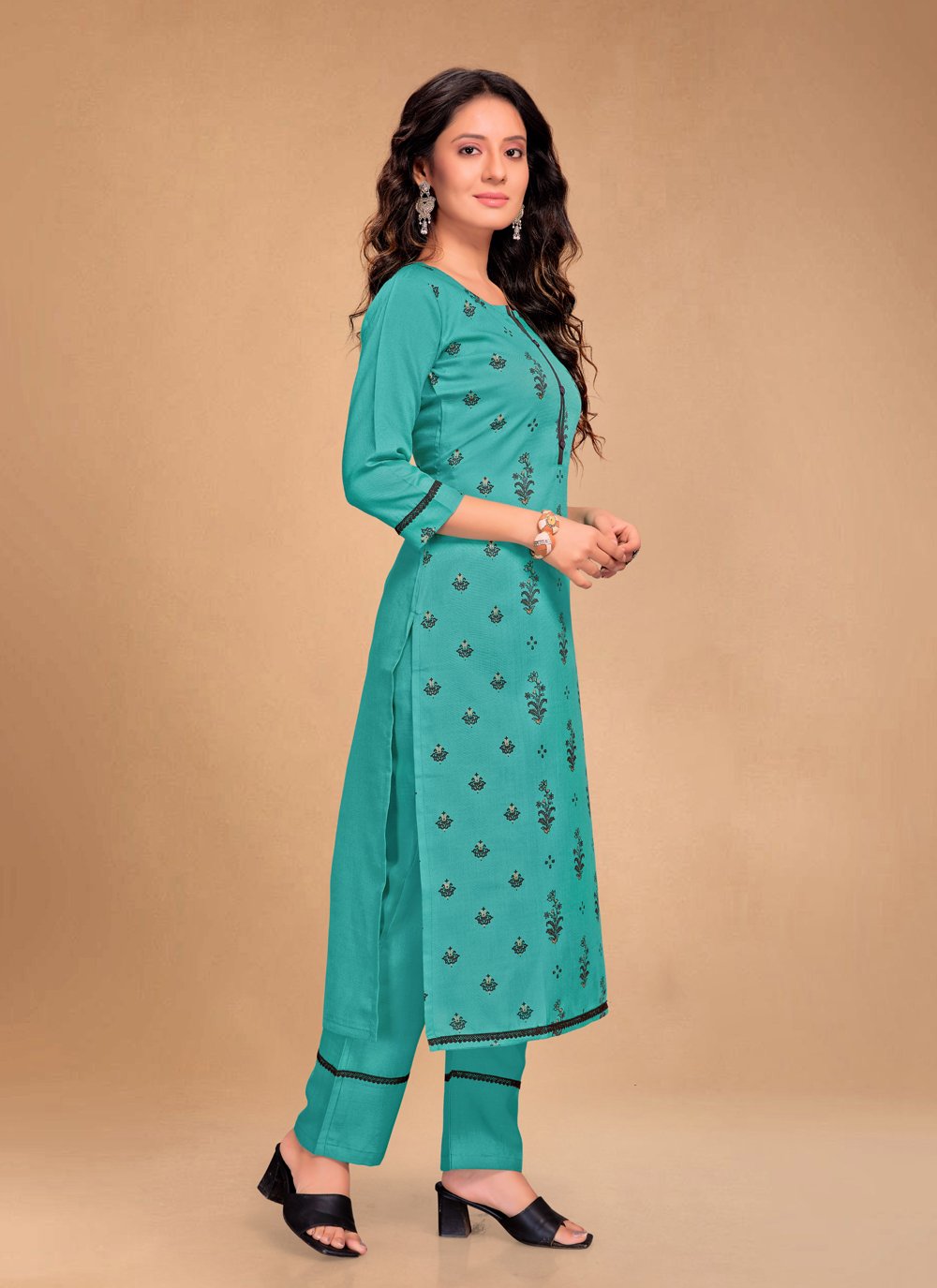 Pant Style Suit Blended Cotton Sea Green Floral Patch Salwar Kameez