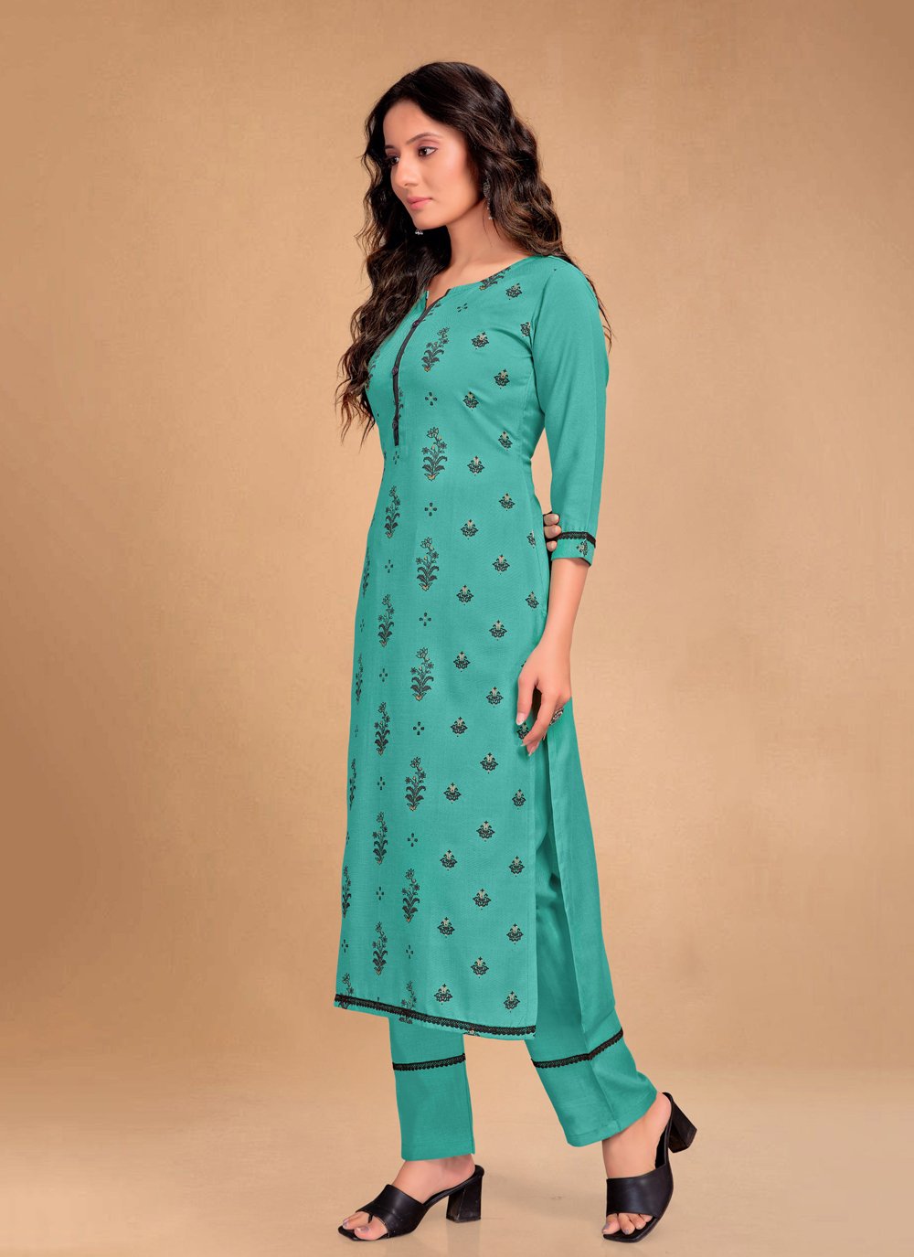 Pant Style Suit Blended Cotton Sea Green Floral Patch Salwar Kameez