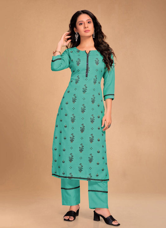 Pant Style Suit Blended Cotton Sea Green Floral Patch Salwar Kameez