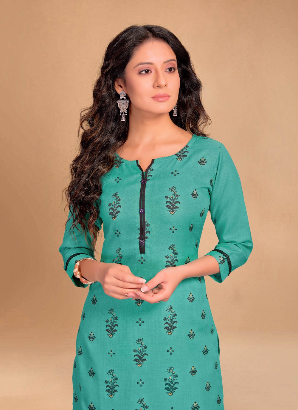 Pant Style Suit Blended Cotton Sea Green Floral Patch Salwar Kameez