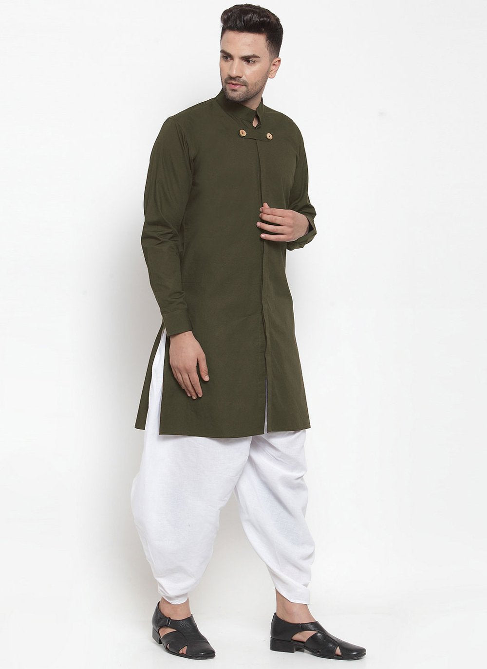 Dhoti Kurta Blended Cotton Green Plain Mens