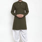 Dhoti Kurta Blended Cotton Green Plain Mens