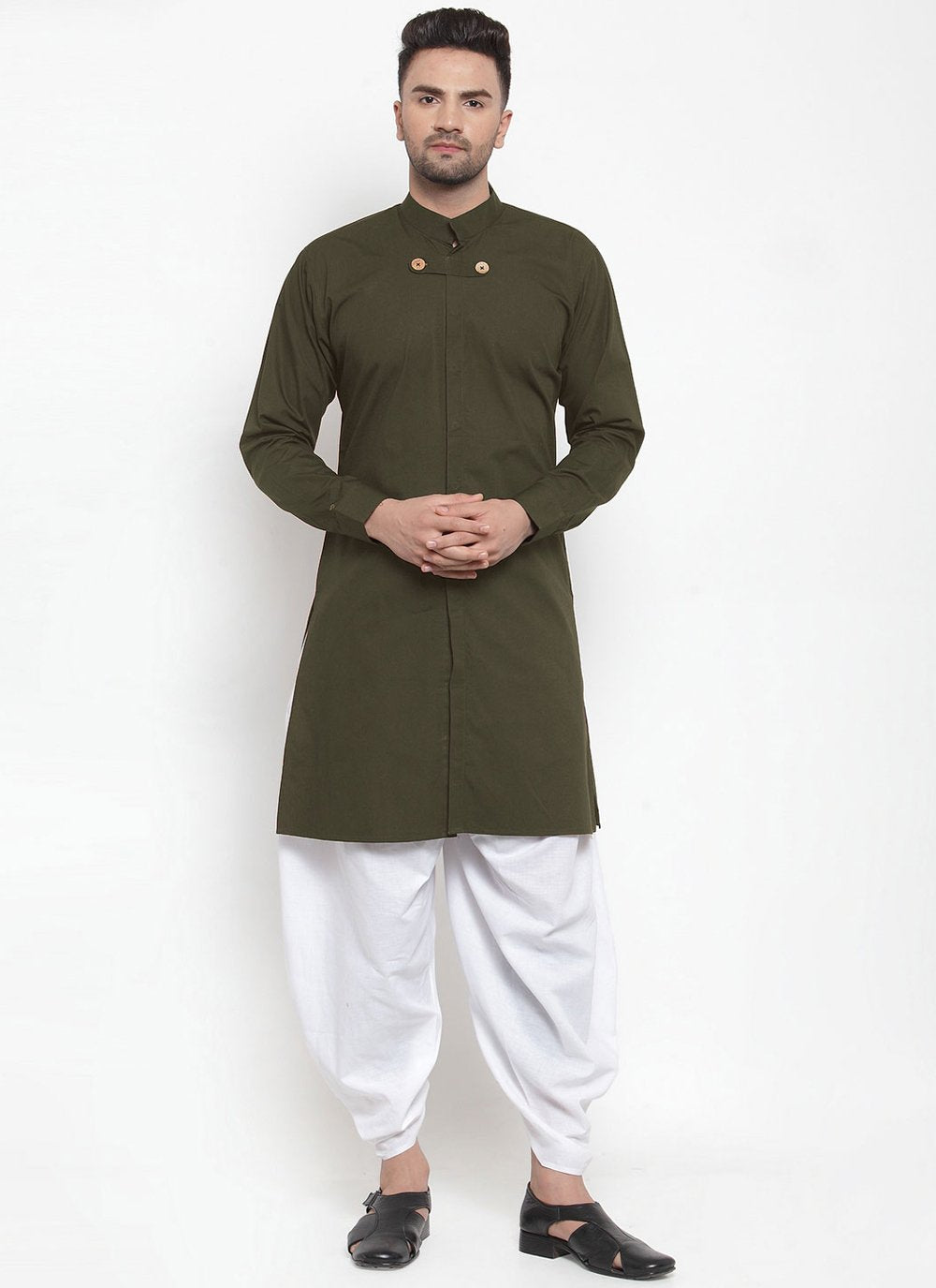 Dhoti Kurta Blended Cotton Green Plain Mens