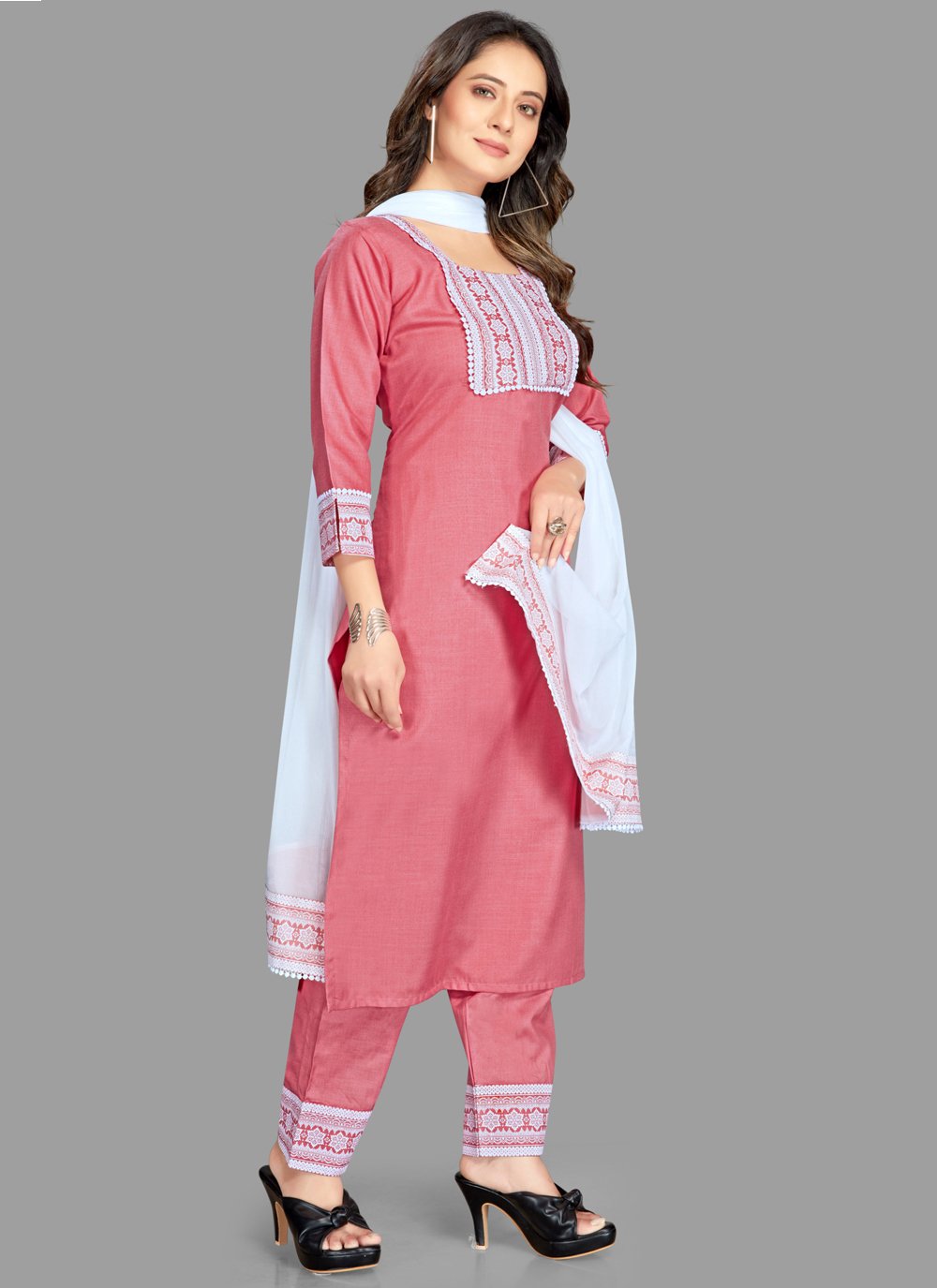 Pant Style Suit Blended Cotton Pink Fancy Work Salwar Kameez