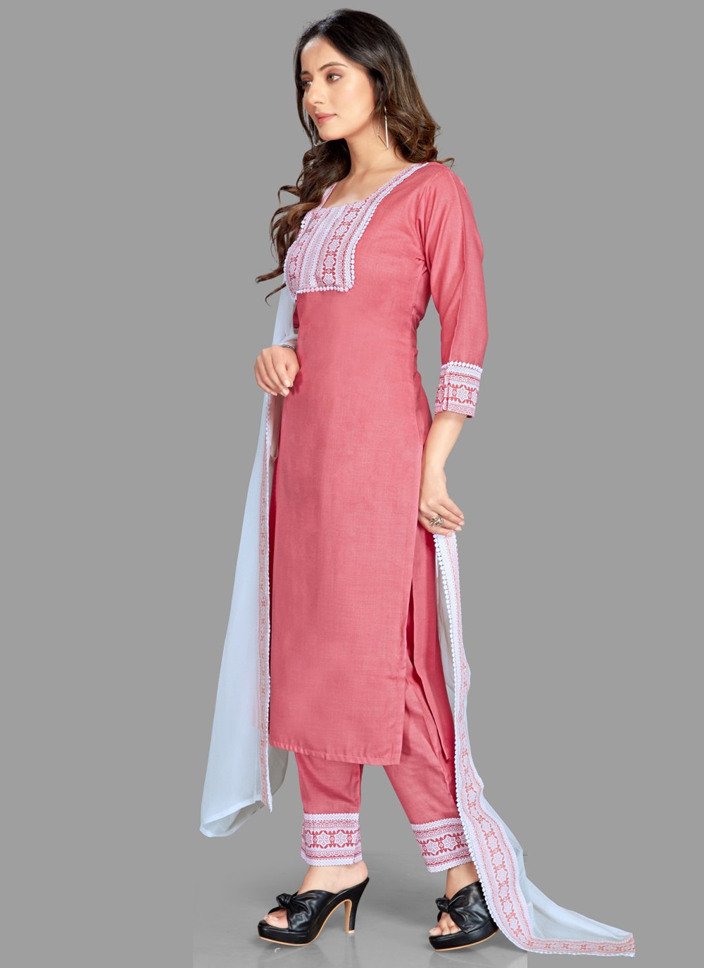 Pant Style Suit Blended Cotton Pink Fancy Work Salwar Kameez