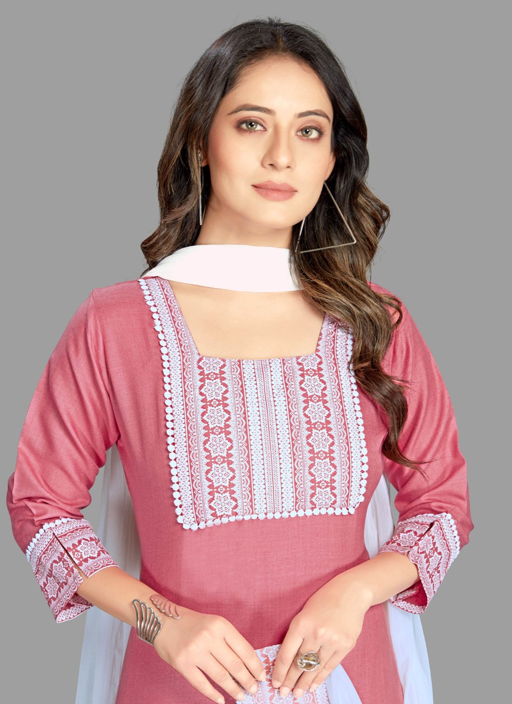 Pant Style Suit Blended Cotton Pink Fancy Work Salwar Kameez