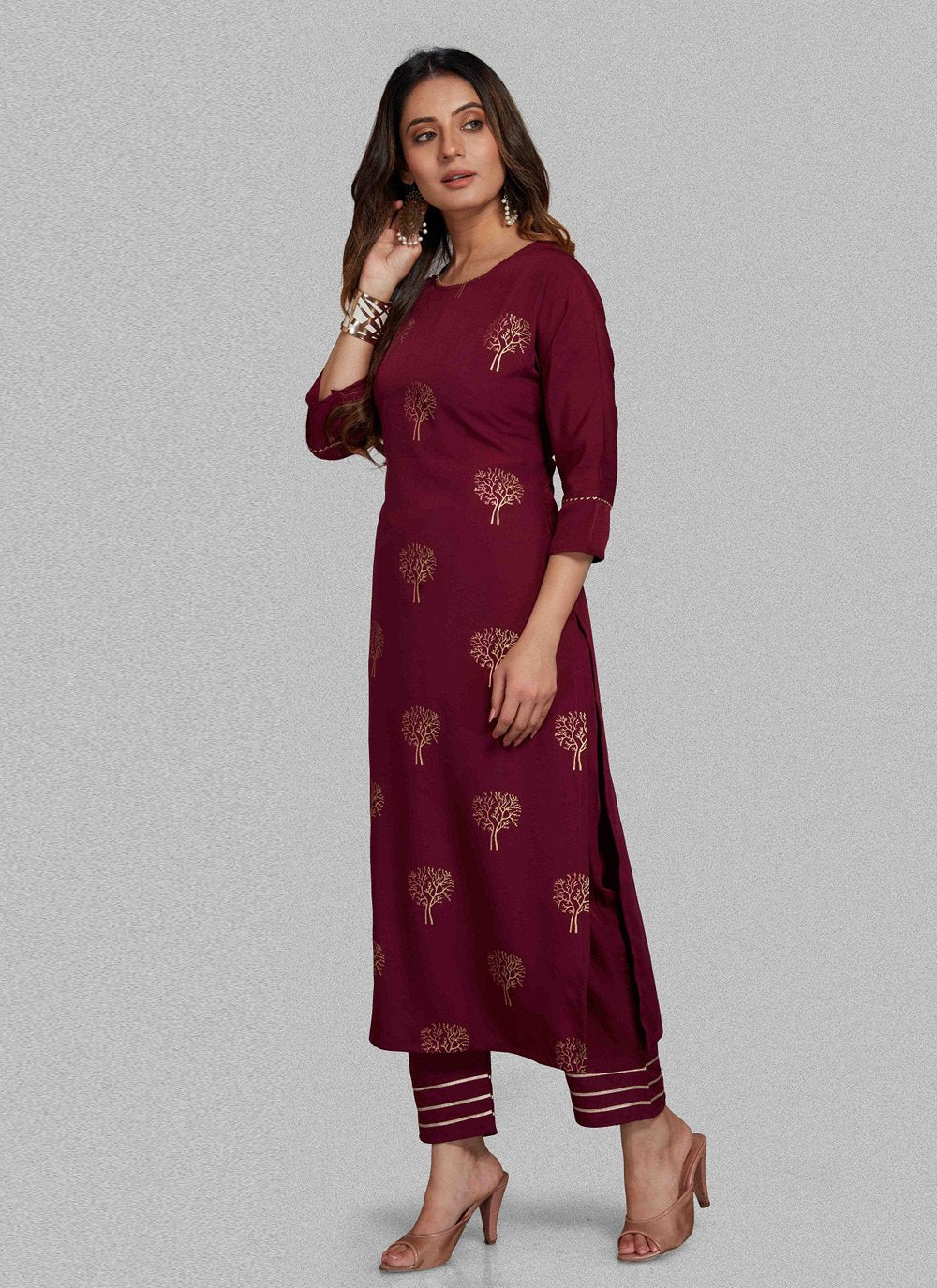 Pant Style Suit Blended Cotton Wine Print Salwar Kameez