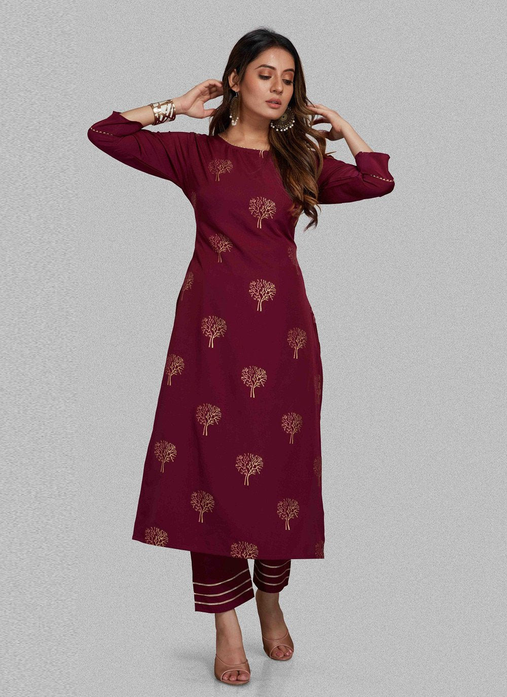 Pant Style Suit Blended Cotton Wine Print Salwar Kameez