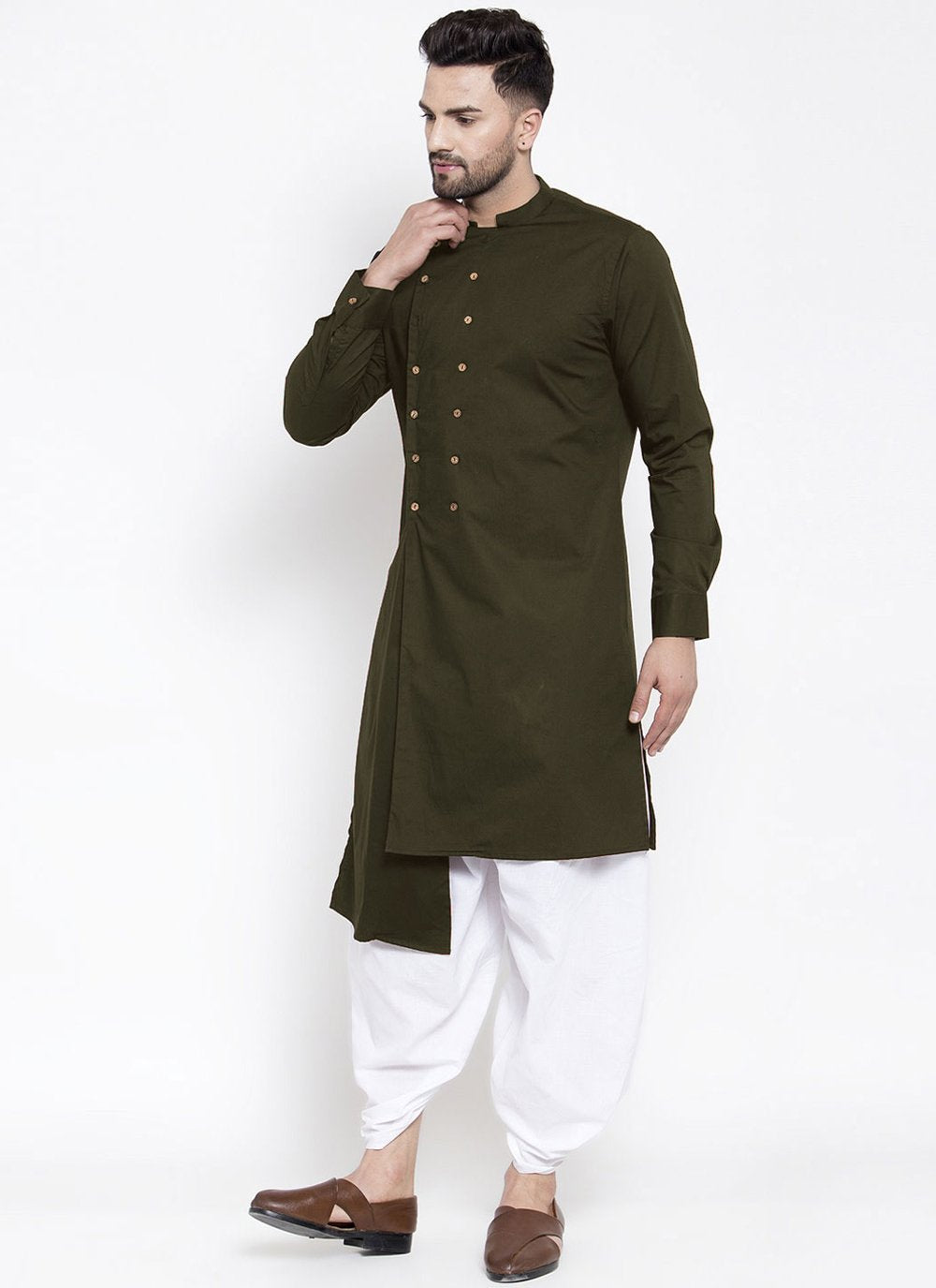 Indo Western Blended Cotton Green Buttons Mens