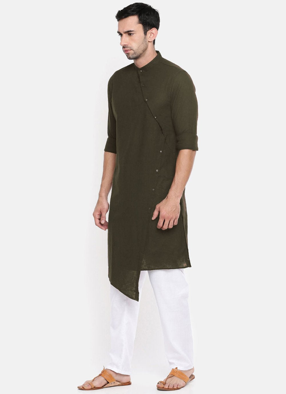 Indo Western Blended Cotton Green Plain Mens