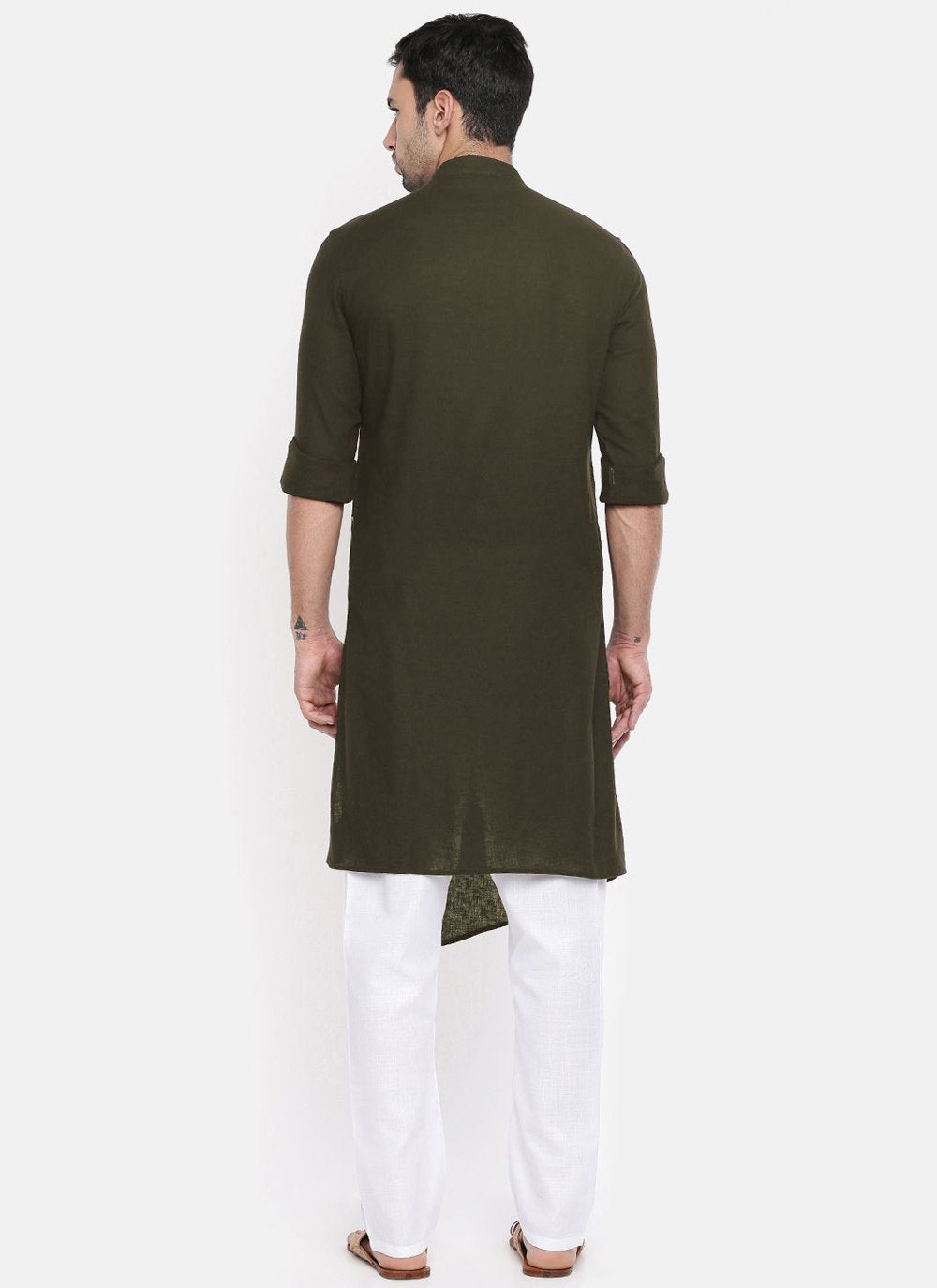 Indo Western Blended Cotton Green Plain Mens