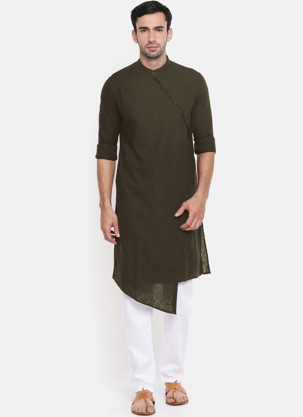 Indo Western Blended Cotton Green Plain Mens